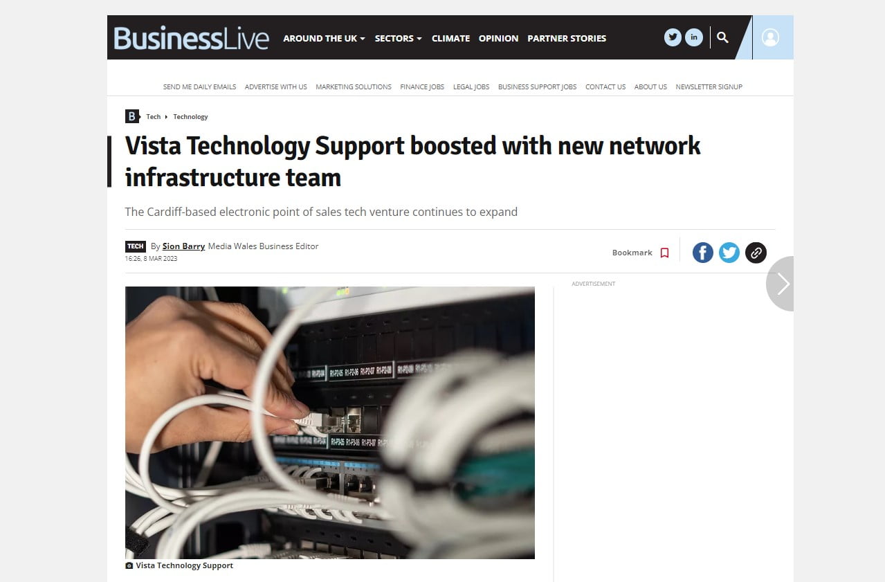 Screenshot of BusinessLive Article on Vista Technology Support